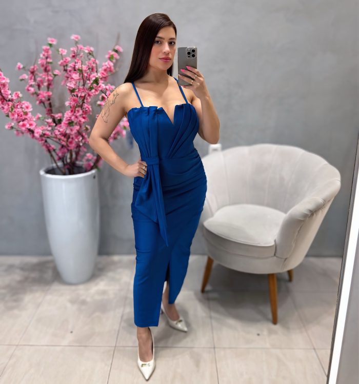 vestido mídi festa azul bic