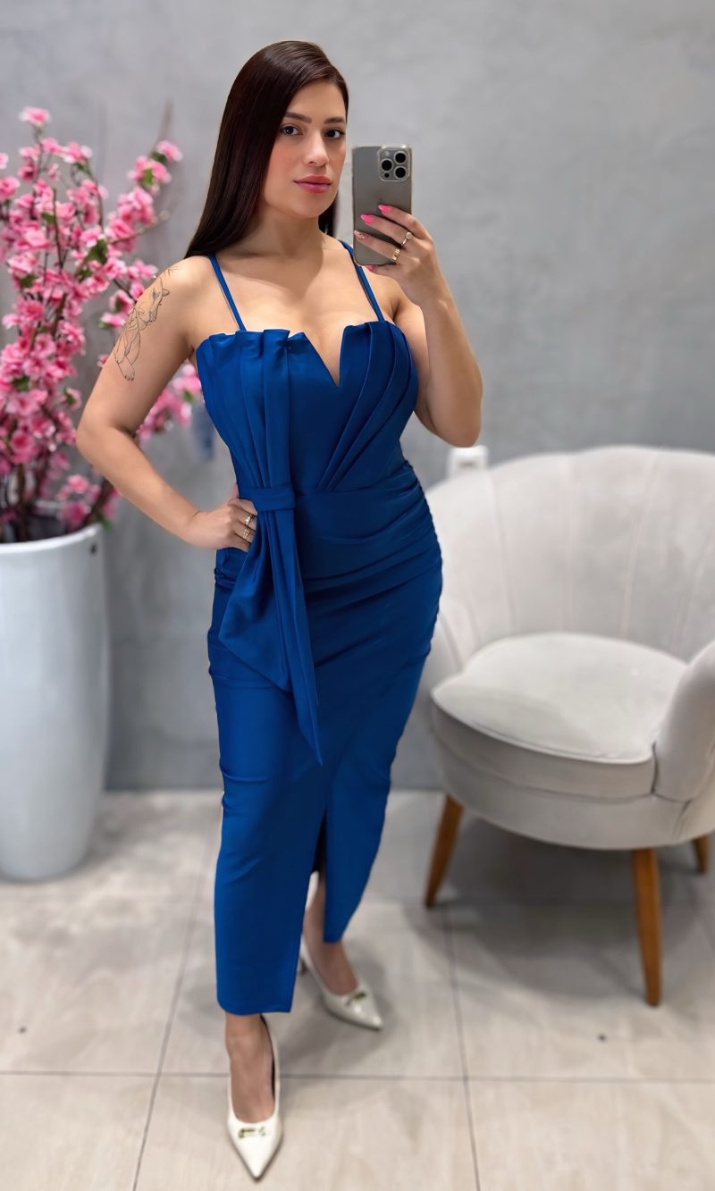 vestido mídi festa azul bic